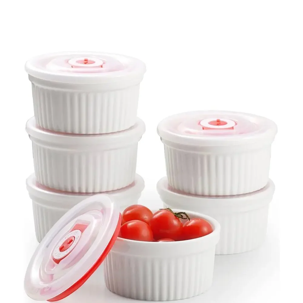 8oz Ceramic Ramekins with Lids Set of 6 Oven Safe White Creme Brulee Cups